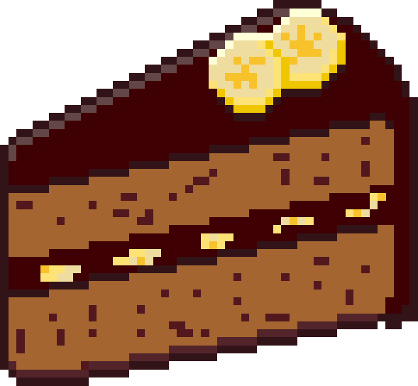 A slice of chocolate-banana cake, topped with banana slices and chocolate glaze